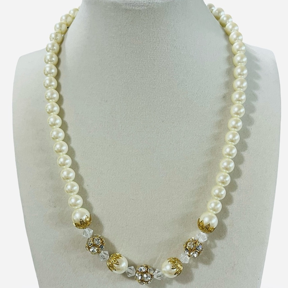 Vintage-Style Faux Pearl Filigree Beads Crystal Pave Bead Necklace